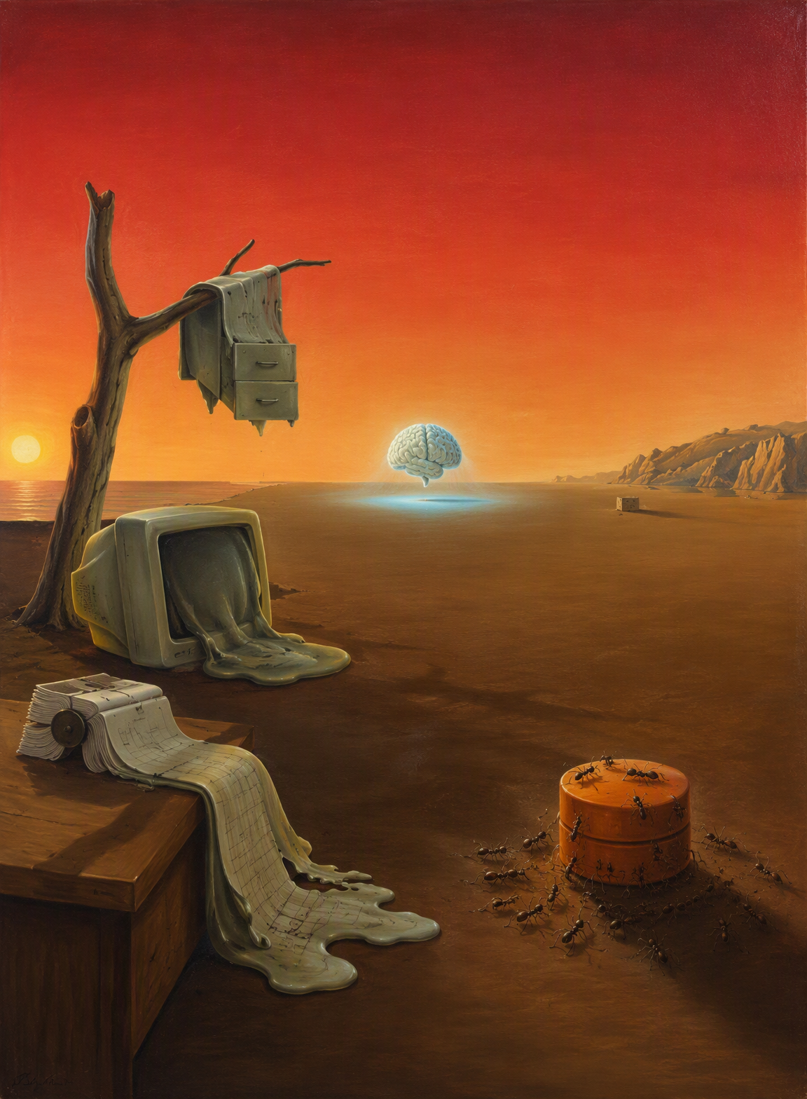 A surreal landscape of melting business records and systems surrounding a floating blue intelligence layer.