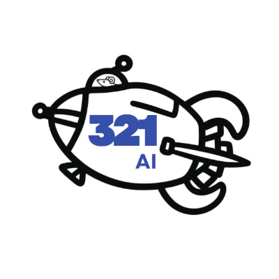 321 AI logo — the lab rat piloting a rocketship